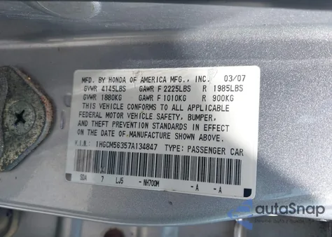 2007 Honda Accord Se from USA, damaged, VIN 1HGCM56357A134847